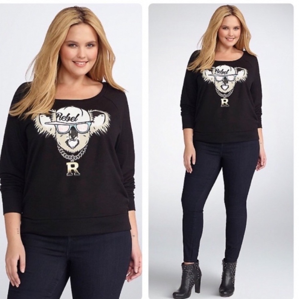 Rebel Wilson for Torrid Sweatshirt Women 1 Black Koala Graphic Raglan Pullover